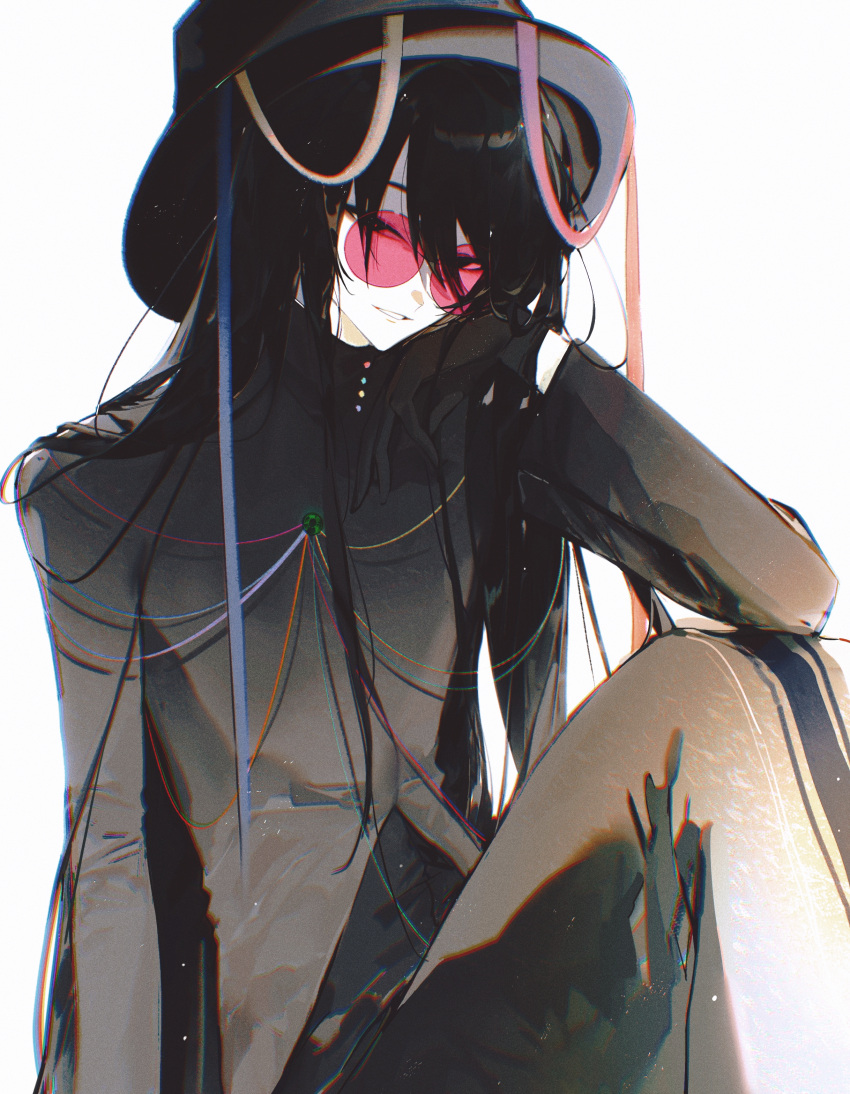 1boy, absurdres, black_coat, black_eyes, black_gloves, black_hair, black_hat, blue_ribbon