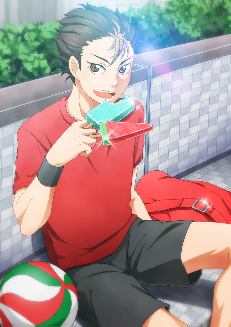 1boy, arm_up, bag, ball, black_shorts, black_wristband, brown_eyes, brown_hair