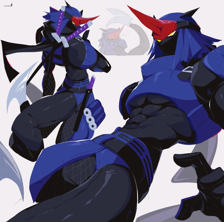 abs, armor, blue_armor, covered_mouth, digimon, digimon_(creature), fumamon, highres