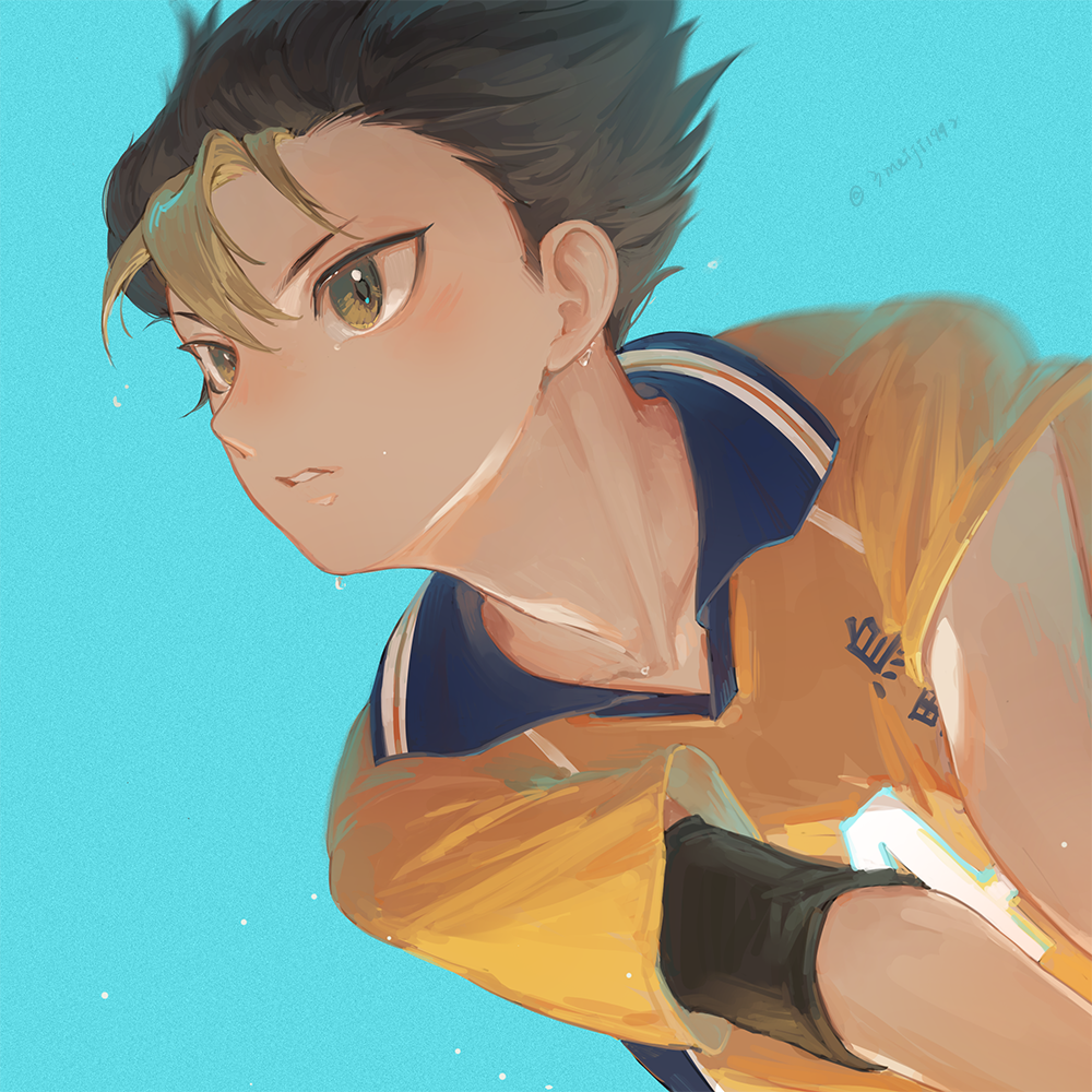 1boy, arms_out_of_frame, blue_background, brown_eyes, brown_hair, collarbone, collared_shirt, compression_sleeve