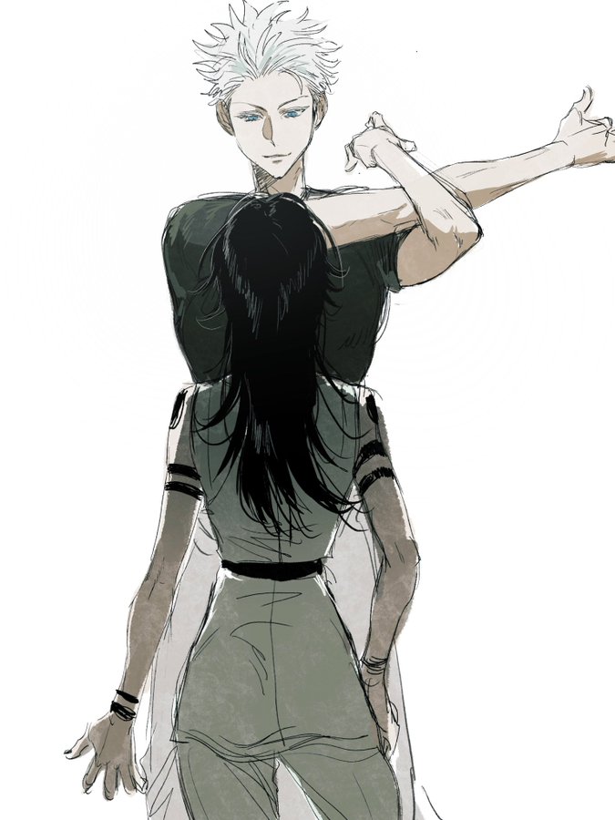 1boy, 1girl, arm_tattoo, black_hair, blue_eyes, fallsoki, fushiguro_megumi, genderswap