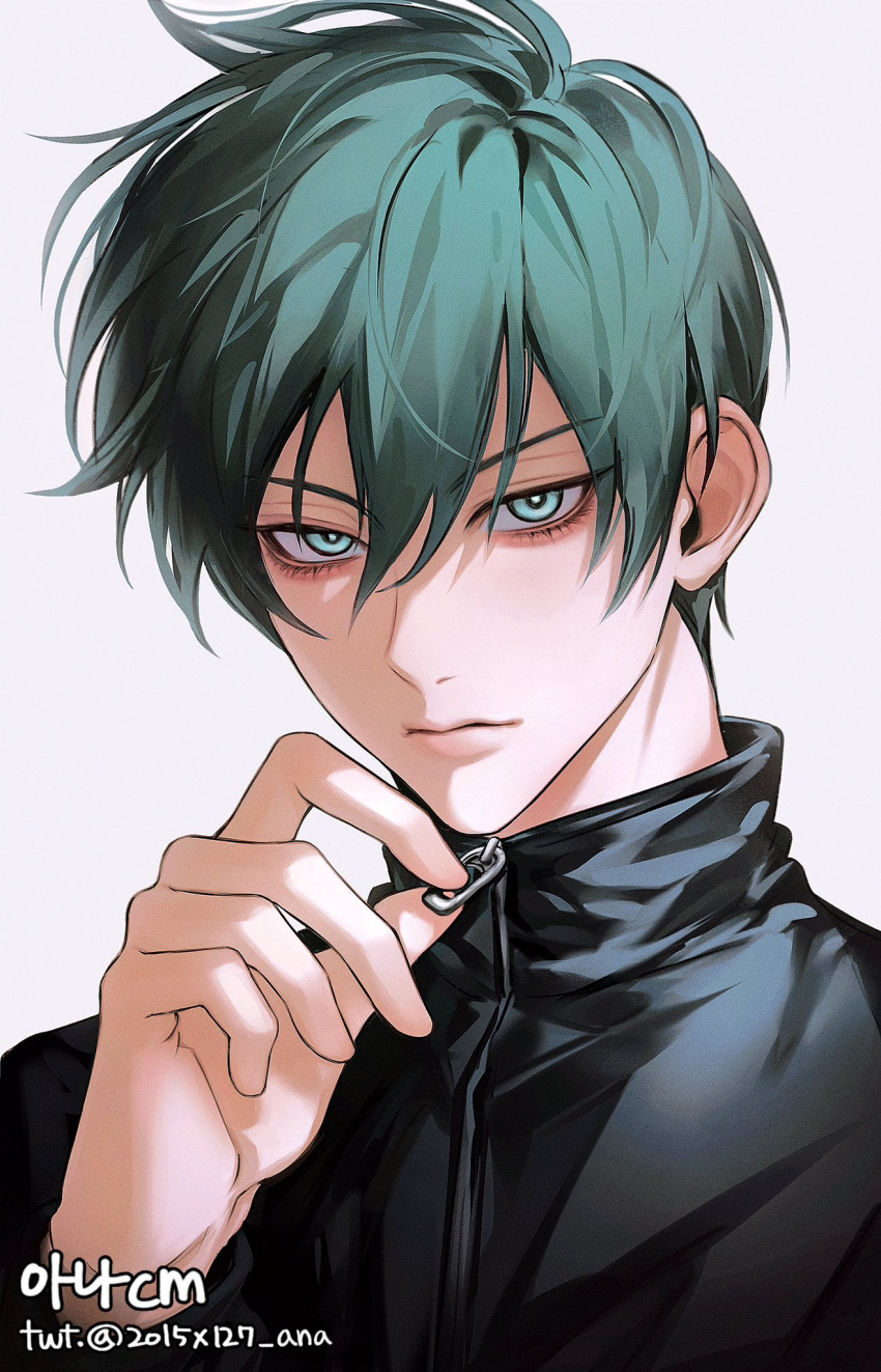 1boy, 2015x127, aqua_eyes, black_jacket, blue_lock, closed_mouth, double-parted_bangs, expressionless, green_hair, hand_up, highres, itoshi_rin, jacket, looking_at_viewer, lower_eyelashes_only, male_focus, portrait, short_hair, sidelighting, simple_background, solo, track_jacket, white_background, wind, zipper