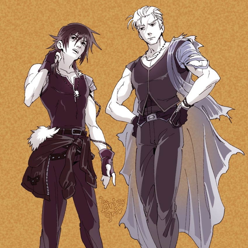 2boys, amano_yoshitaka_(style), belt, black_eyes, bri_(brigriv), brown_theme, cape, clothes_around_waist