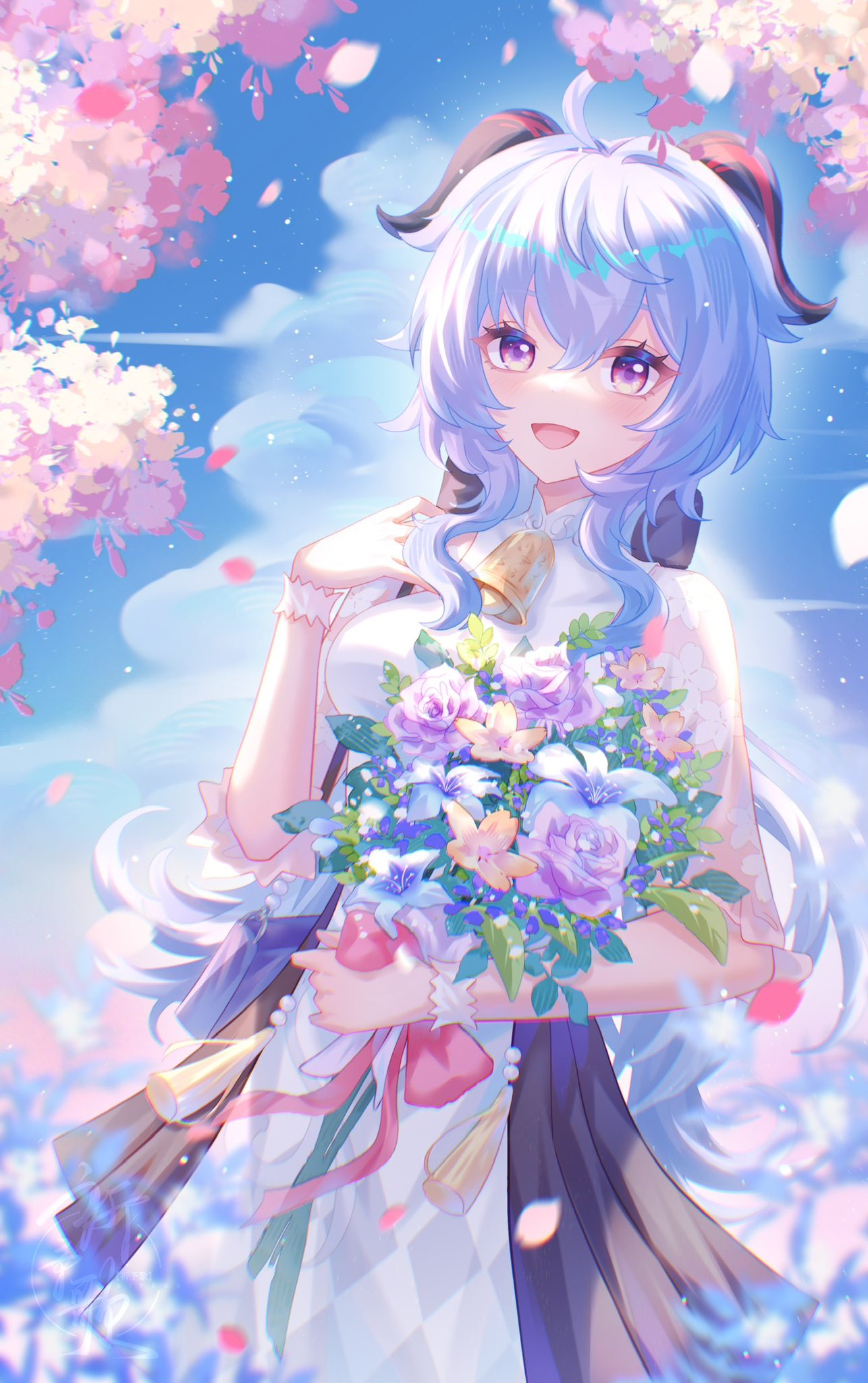 1girl, ahoge, bell, black_skirt, blue_hair, breasts, commentary, flower