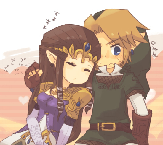 1girl, belt, blonde_hair, blue_eyes, brown_hair, couple, earrings, gloves