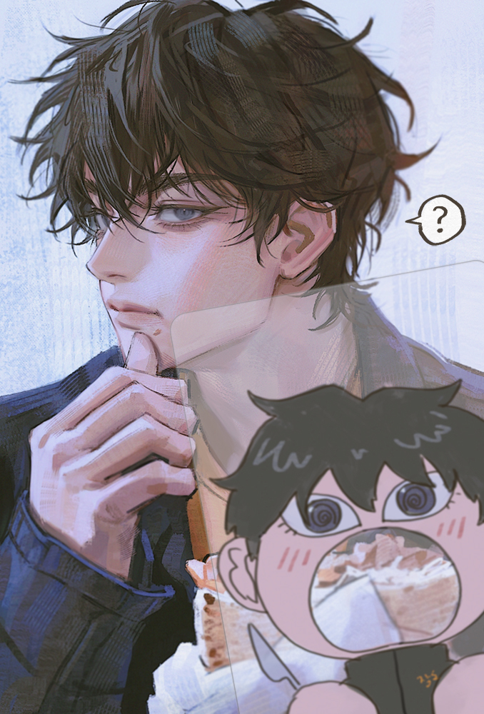 1boy, ?, black_hair, card, choi_jongsu, closed_mouth, denim, denim_jacket