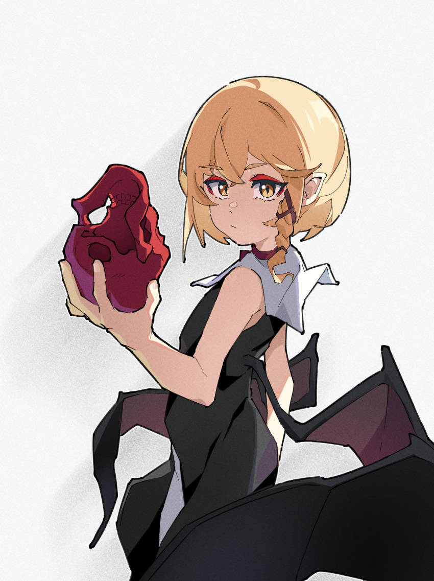 1girl, bat_wings, black_dress, blonde_hair, braid, closed_mouth, deathtopia_virtuoso_suicide-master, dress