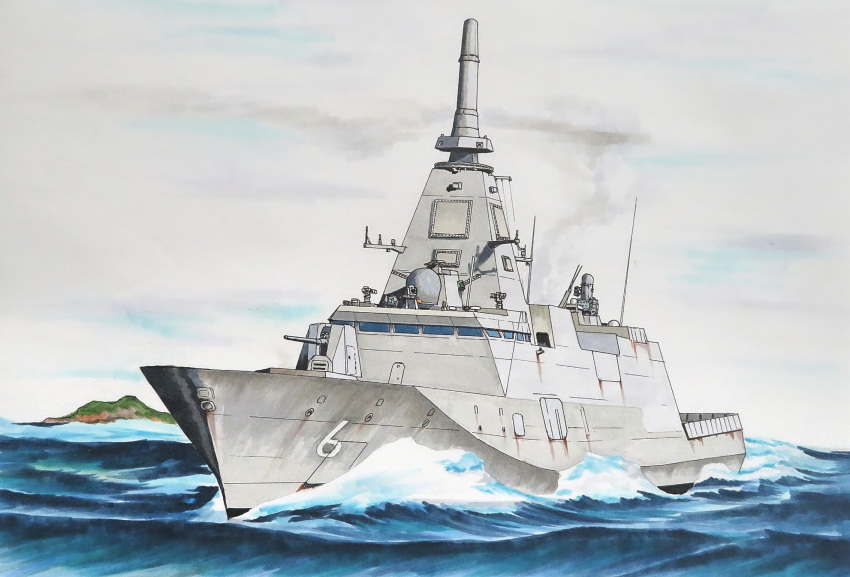 cannon, clouds, cloudy_sky, destroyer, highres, island, japan_maritime_self-defense_force, japan_self-defense_force, jdsmyoko, js_agano_(ffm-6), military, military_vehicle, no_humans, ocean, original, radar, ship, sky, turret, warship, watercraft