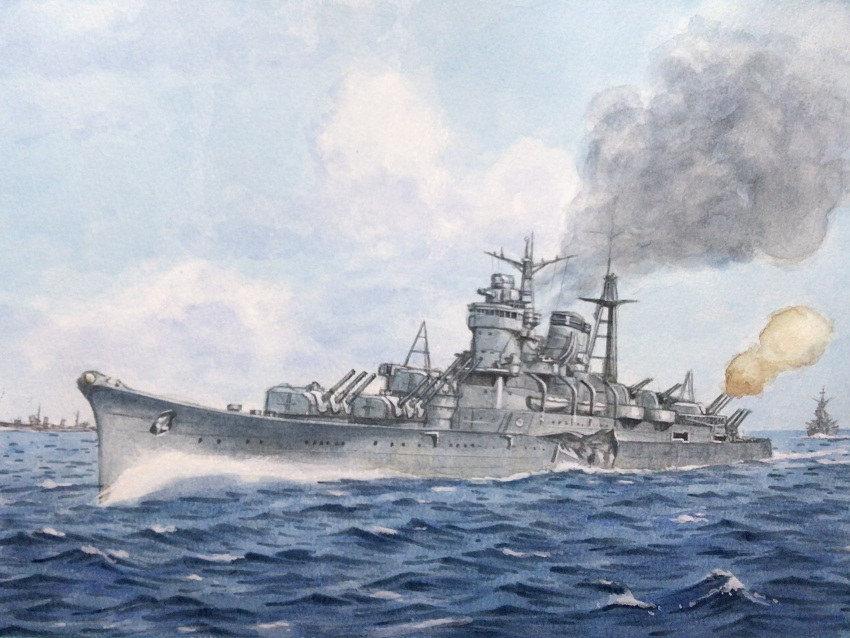 atoriebono, battle, battle_damage, cruiser, firing, highres, imperial_japanese_army, mikuma_(cruiser)