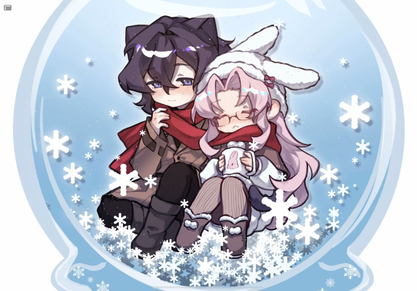 2boys, :<, alternate_costume, animal_ears, black_footwear, black_hair, black_pants, blush