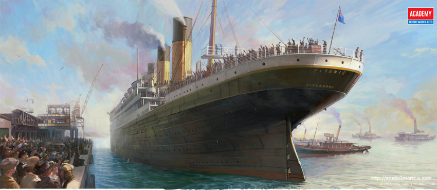 box_art, crane_(machine), crowd, gongyoung-seok, highres, historical_event, ocean, ocean_liner
