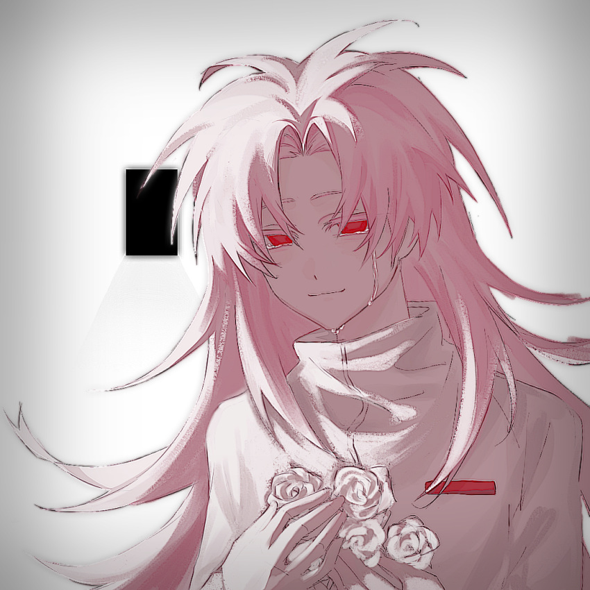 1boy, chinese_commentary, closed_mouth, colored_eyelashes, commentary_request, crying, crying_with_eyes_open, curtained_hair, fancheyu_su_fanxia_xin_fang, flower, hatsutori_hajime, high_collar, holding, holding_flower, long_hair, looking_at_viewer, male_focus, parted_bangs, pink_hair, red_eyes, rose, saibou_shinkyoku, shirt, smile, solo, tears, upper_body, white_flower, white_rose, white_shirt