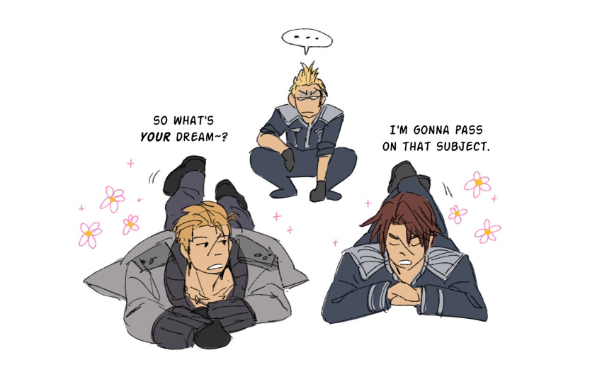 ..., 3boys, angry, black_eyes, black_footwear, black_gloves, blank_eyes, blonde_hair