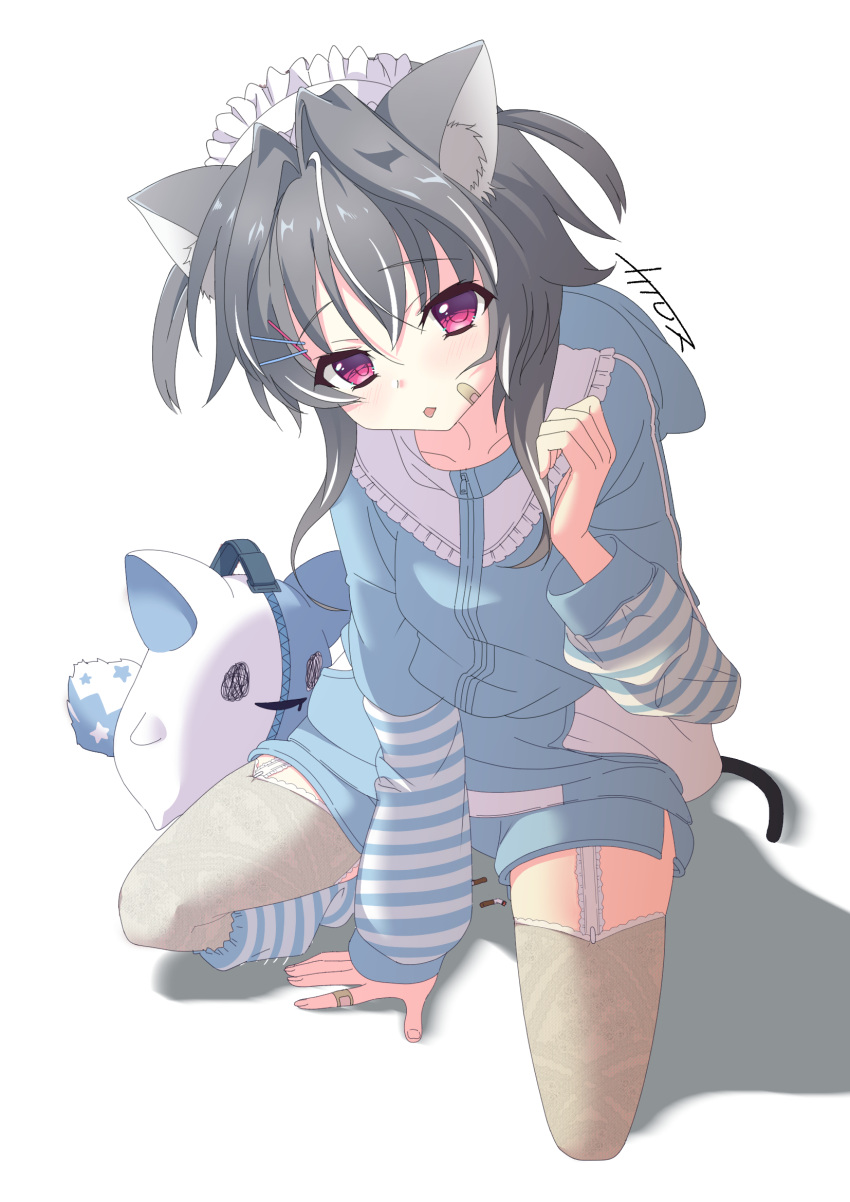 1girl, 9-nine-, alternate_costume, alternate_hairstyle, animal_ear_fluff, animal_ears, arm_support, bandaid, bandaid_on_cheek, bandaid_on_face, bandaid_on_hand, black_hair, blue_hoodie, blue_shorts, blush, cat_ears, cat_girl, cat_tail, character_print, cigarette_butt, collar, commentary_request, frilled_collar, frilled_thighhighs, frills, garter_straps, grey_thighhighs, hair_between_eyes, hair_intakes, hair_ornament, hairclip, hand_up, highres, hood, hood_down, hoodie, kairosu, kemonomimi_mode, kneeling, looking_at_viewer, maid_headdress, multicolored_hair, red_eyes, short_hair_with_long_locks, shorts, signature, simple_background, sleeves_past_wrists, solo, sophitia, streaked_hair, tail, thigh-highs, tongue, tongue_out, two_side_up, white_background, white_hair, yuuki_noa, zettai_ryouiki, zipper