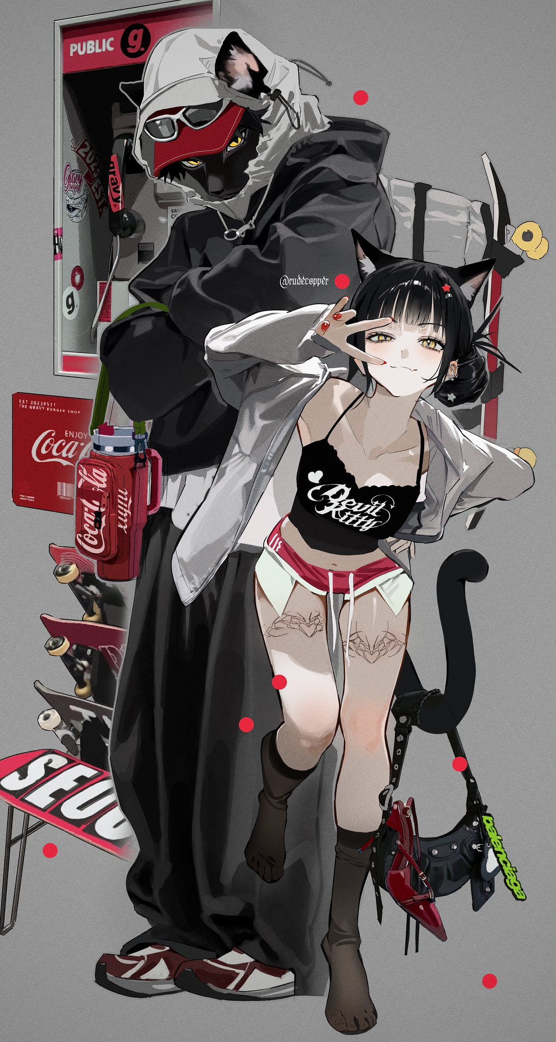 1boy, 1girl, animal_ears, baggy_pants, black_fur, body_fur, cat_boy, cat_ears
