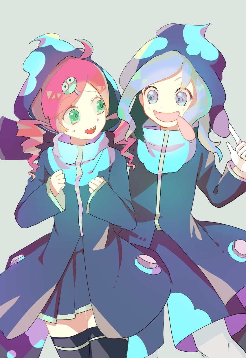 1boy, 1girl, :d, andou_ringo, arm_behind_another's_back, black_coat, black_hat, black_shorts