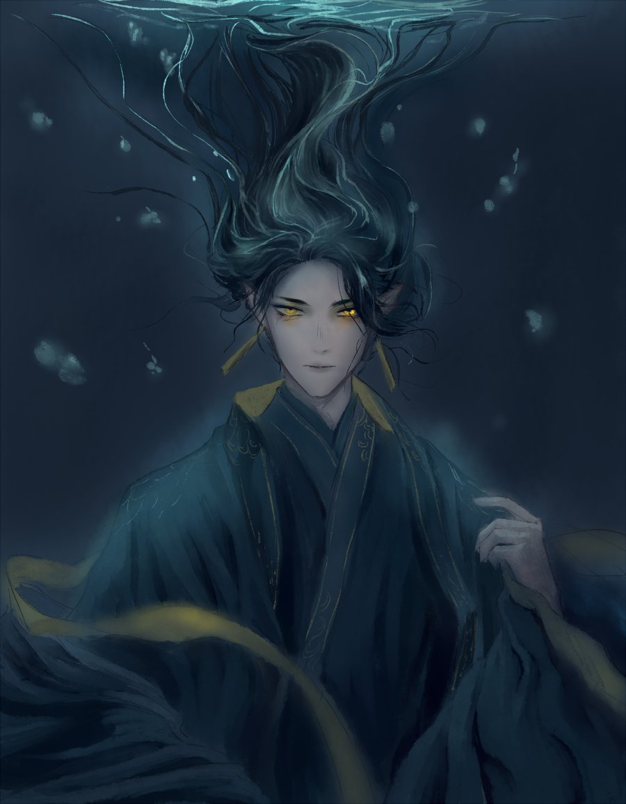 1boy, air_bubble, black_hanfu, blue_background, bubble, chinese_clothes, closed_mouth, commentary