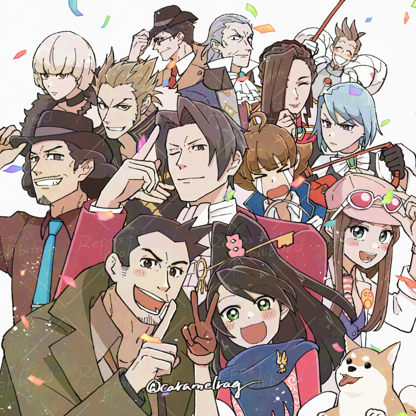 >_<, 5girls, 6+boys, ace_attorney, ace_attorney_investigations, ace_attorney_investigations_2, adjusting_clothes, adjusting_headwear