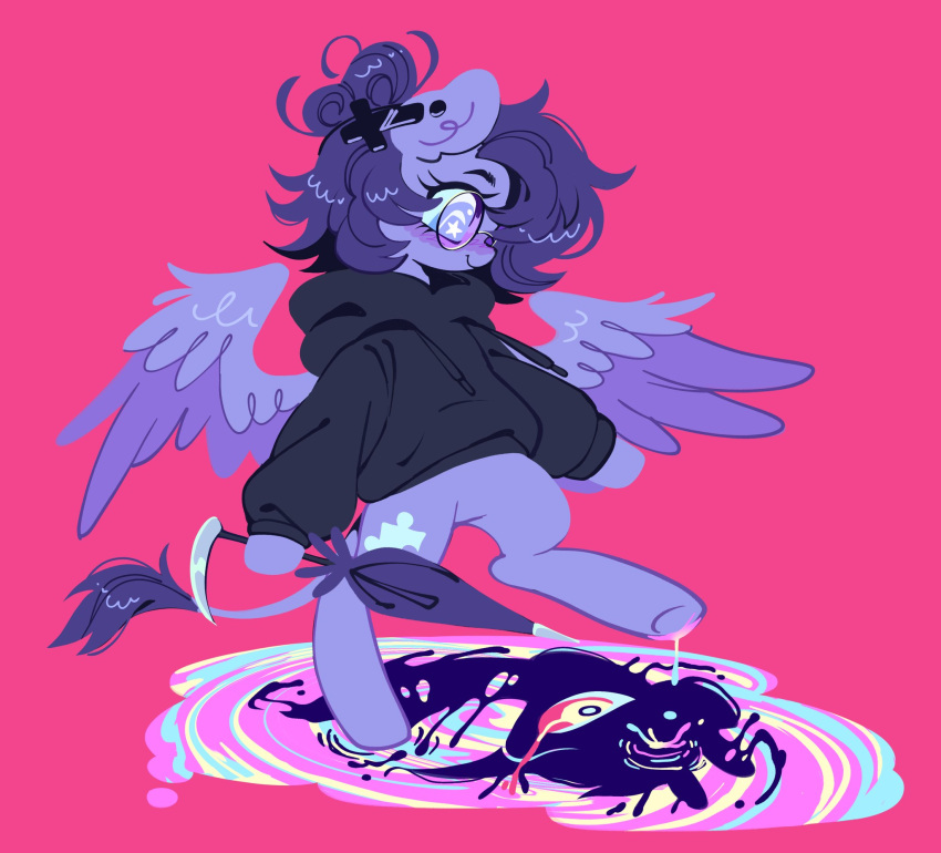 1girl, animal_ears, black_hoodie, borrowed_character, carousel_(vylet_pony), colorful, commentary, commission, creekflow, cross, cutie_mark, different_reflection, earrings, english_commentary, feathered_wings, furry, furry_female, glasses, hair_bun, highres, holding, holding_scythe, hood, hood_down, hoodie, hooves, horse_ears, inverted_cross, jammy_(bunbunbewwii), jewelry, medium_hair, my_little_pony, my_little_pony:_friendship_is_magic, official_art, original, pink_background, purple_hair, puzzle_piece, reflection, reflective_water, round_eyewear, scythe, simple_background, single_hair_bun, smile, star-shaped_pupils, star_(symbol), symbol-shaped_pupils, tail, violet_eyes, vylet_lulamoon, vylet_pony, walking, wings