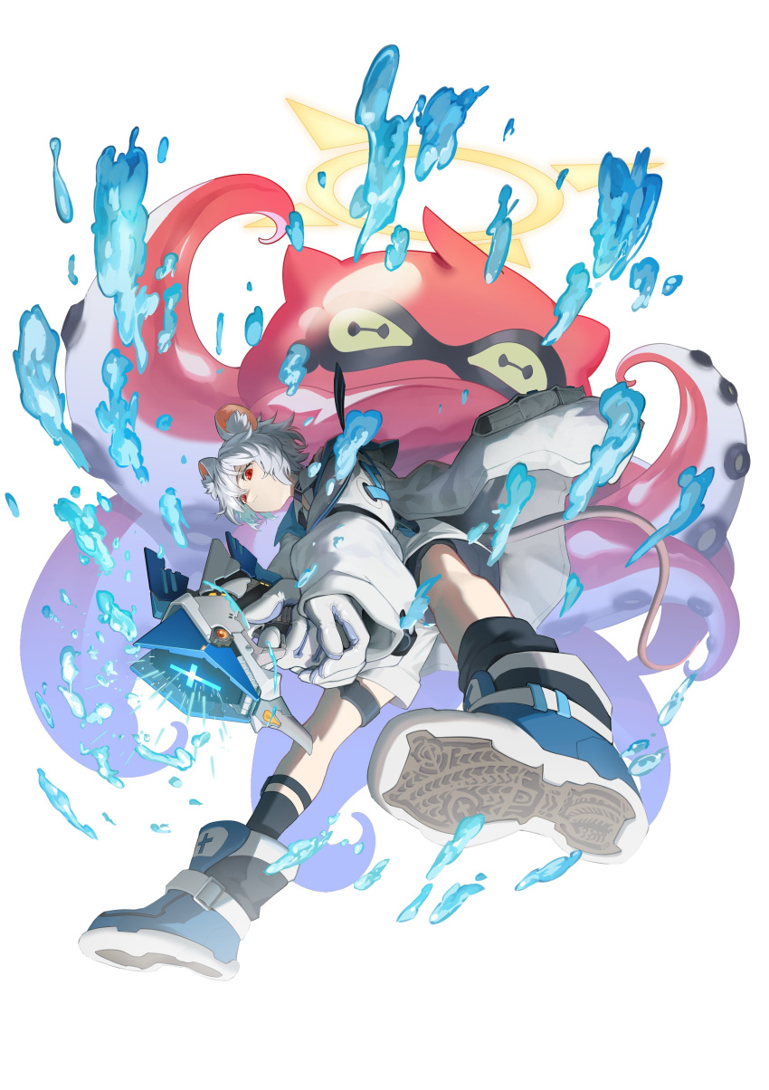 1boy, absurdres, coat, energy_gun, full_body, gun, highres, holding