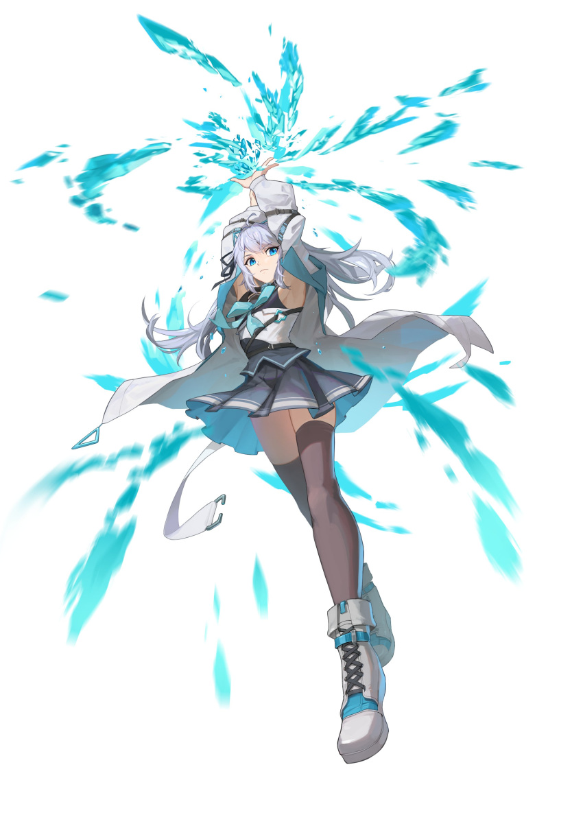 1girl, absurdres, arms_up, black_skirt, black_thighhighs, blue_eyes, boots, coat
