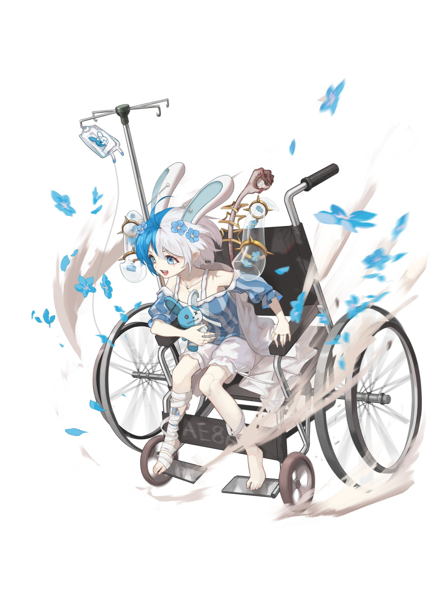 1girl, absurdres, animal_ears, bare_shoulders, blue_eyes, blue_shirt, full_body, highres