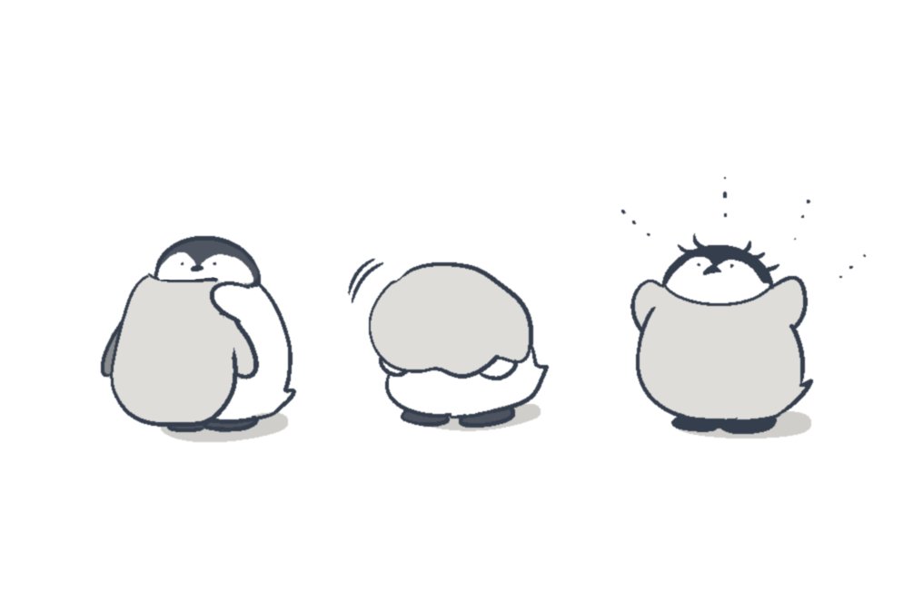 animal_focus, beak, bird, black_eyes, chick, commentary_request, dressing, holding, holding_unworn_clothes, korean_commentary, motion_lines, no_humans, notice_lines, original, outstretched_arms, penguin, sequential, shadow, simple_background, solid_circle_eyes, sorewa_melon, standing, white_background