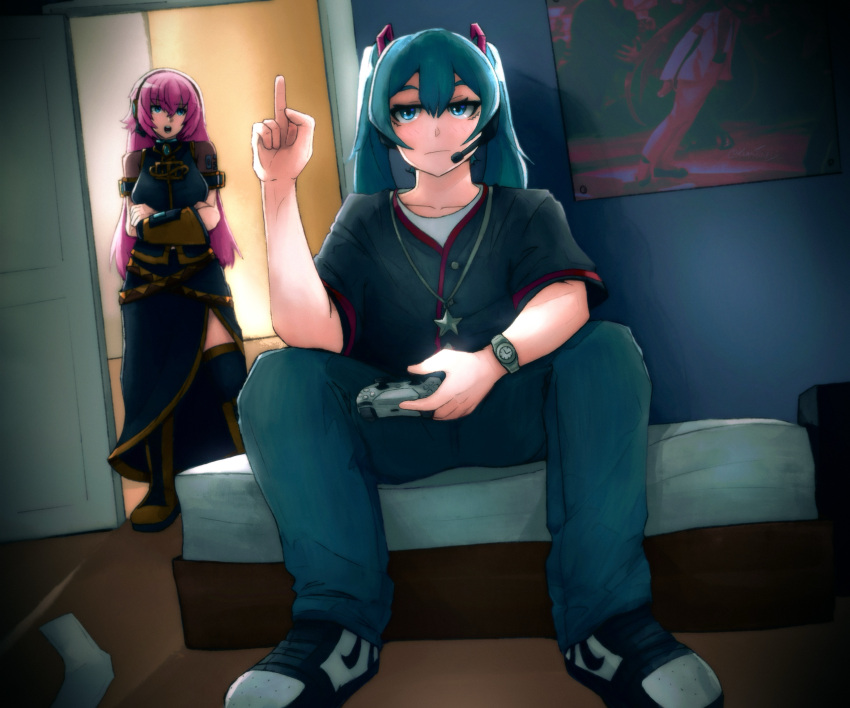 2girls, absurdres, aqua_eyes, aqua_hair, baseball_jersey, bedroom, black_shirt, blue_dress