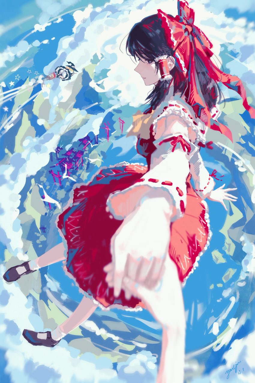 1other, 2girls, absurdres, ascot, black_eyes, black_hair, blonde_hair, bloomers, bow, broom, broom_riding, closed_mouth, clouds, commentary, detached_sleeves, floating, frilled_bow, frilled_hair_tubes, frills, hair_bow, hair_tubes, hakurei_reimu, hat, highres, holding_hands, kirisame_marisa, long_hair, mary_janes, multiple_girls, multiple_torii, red_bow, red_skirt, ribbon-trimmed_sleeves, ribbon_trim, shoes, skirt, skirt_set, smile, socks, star_(symbol), torii, touhou, white_bloomers, white_socks, witch_hat, yautja, yellow_ascot