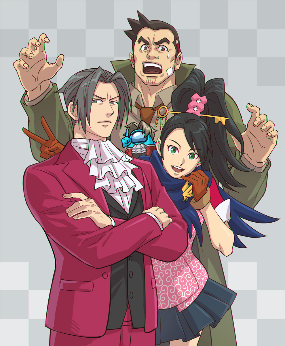 1girl, 2boys, ace_attorney, ace_attorney_investigations, ace_attorney_investigations:_miles_edgeworth, among_us, ascot, bandaid