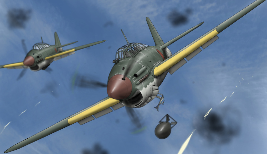 absurdres, aircraft, airplane, bomb, bomber, d4y_suisei, explosive, flak, flying, highres, imperial_japanese_navy, konnpeto, military, military_vehicle, original, projectile_trail, propeller, sky, vehicle_focus, world_war_ii