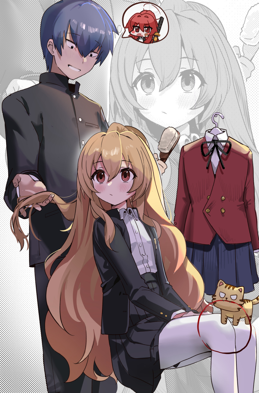 1boy, 2girls, :/, absurdres, aisaka_taiga, ashiharatsumori_koito, ashiharatsumori_koito_(cosplay), black_eyes
