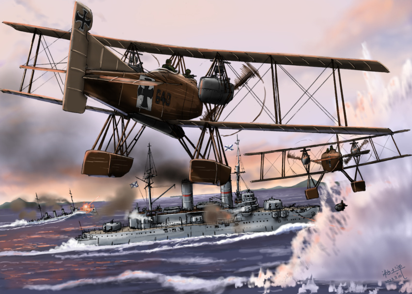 4boys, absurdres, aircraft, airplane, battle, biplane, brandenburg_type_gr, cross