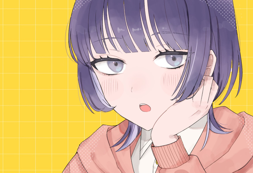 1girl, :o, blunt_bangs, blush, collared_shirt, colored_inner_hair, commentary_request, dress_shirt