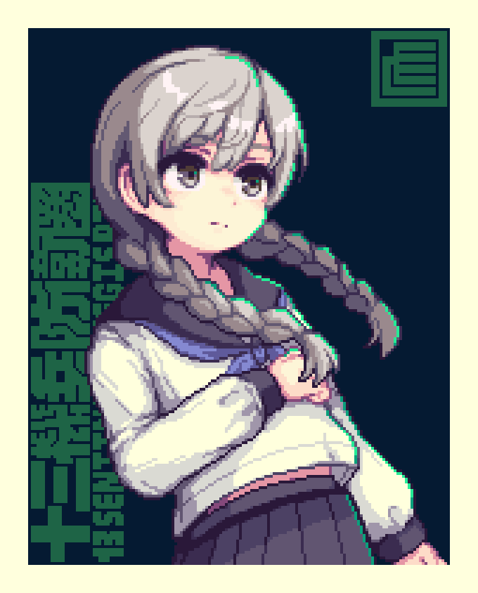 1boy, black_skirt, blue_neckerchief, braid, crossdressing, grey_eyes, grey_serafuku, juusan_kihei_bouei_ken