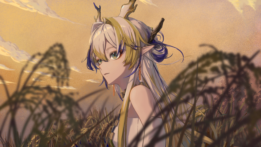1girl, arknights, baige059, bare_shoulders, blonde_hair, blue_hair, blue_horns, commentary_request, dragon_girl, dragon_horns, earrings, green_eyes, grey_hair, hair_between_eyes, hair_intakes, highres, horns, jewelry, long_hair, long_sleeves, multicolored_hair, off_shoulder, pointy_ears, purple_horns, revision, rice_(plant), shirt, shu_(arknights), solo, strapless, strapless_shirt, tassel, tassel_earrings, tube_top, upper_body, white_tube_top, yellow_horns