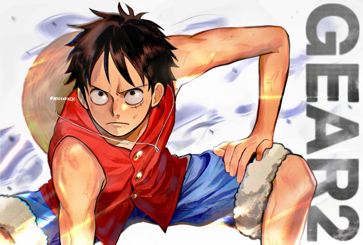 1boy, black_hair, blue_shorts, closed_mouth, gear_second, hand_on_own_thigh, hashtag-only_commentary, hat, looking_ahead, male_focus, monkey_d._luffy, mxhxkxcx, one_piece, red_shirt, scar, scar_on_face, shirt, short_hair, shorts, sleeveless, sleeveless_shirt, solo, straw_hat, twitter_username