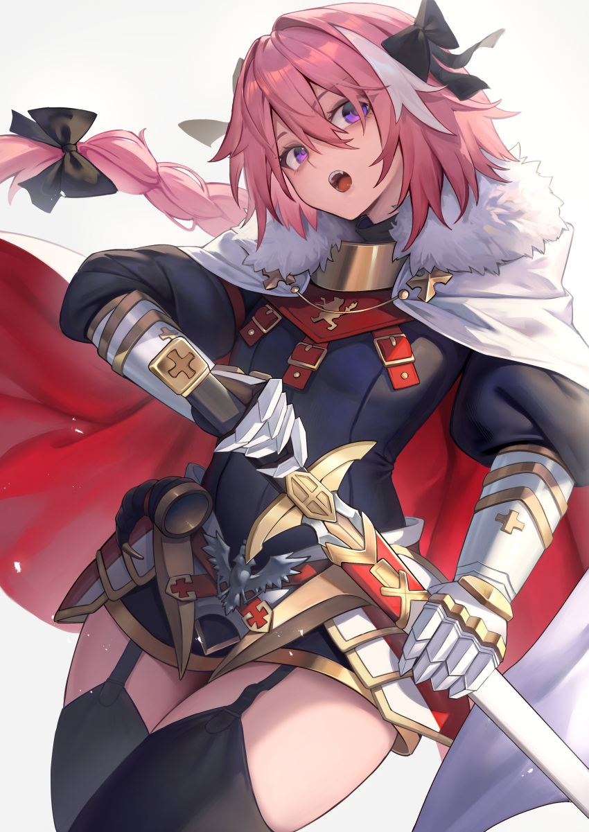 1boy, absurdres, armor, astolfo_(fate), black_bow, black_thighhighs, bow, braid