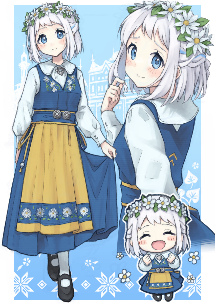 1girl, absurdres, apron, black_ribbon, blush, chibi, commentary_request, dress