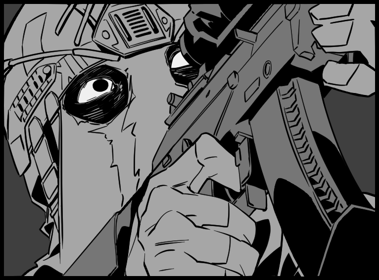 1boy, arms_up, black_border, border, call_of_duty, call_of_duty:_modern_warfare_2, commentary, covered_face, dtonly_vl, greyscale, gun, helmet, holding, holding_gun, holding_weapon, konig_(call_of_duty), korean_commentary, male_focus, mask, monochrome, portrait, solid_oval_eyes, solo, weapon