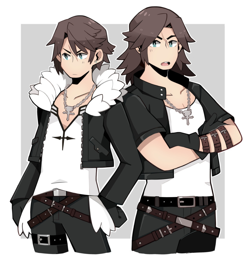 2boys, absurdres, aqua_eyes, arm_strap, belt, belt_buckle, black_gloves, black_jacket