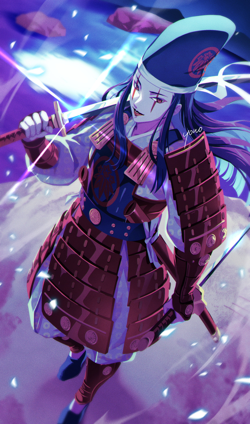 1boy, arm_at_side, armor, black_footwear, black_hair, black_hat, blunt_ends, colored_skin