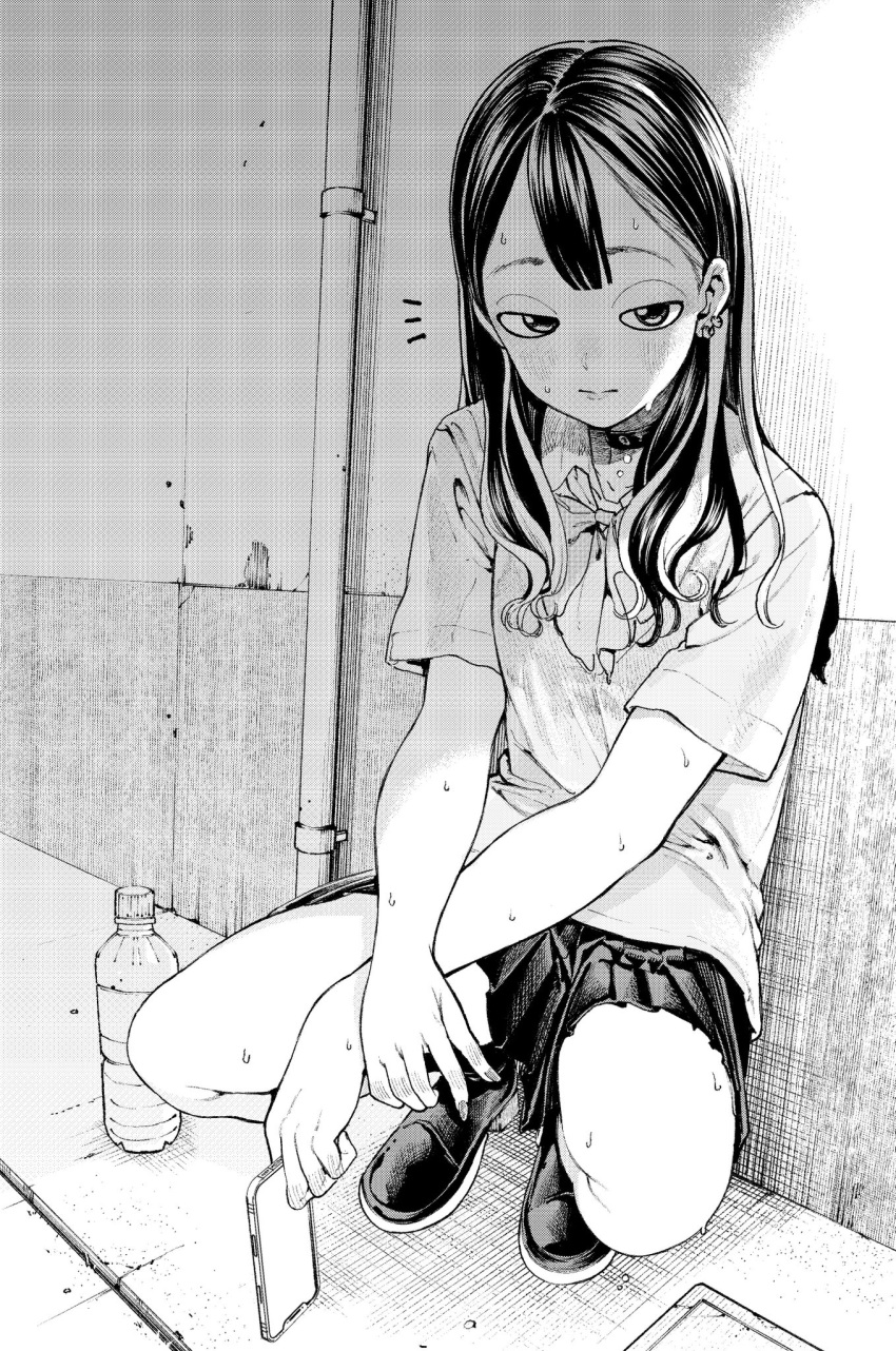 1girl, blush, cellphone, closed_mouth, commentary_request, earrings, greyscale, highres