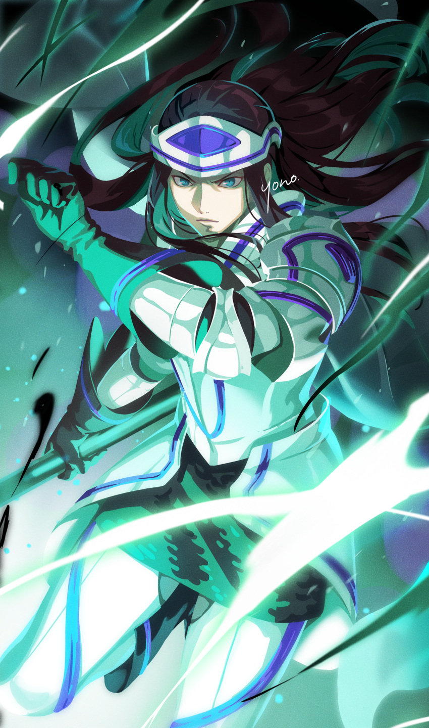 1boy, arm_at_side, armor, artist_name, aura, black_gloves, black_hair, blue_eyes