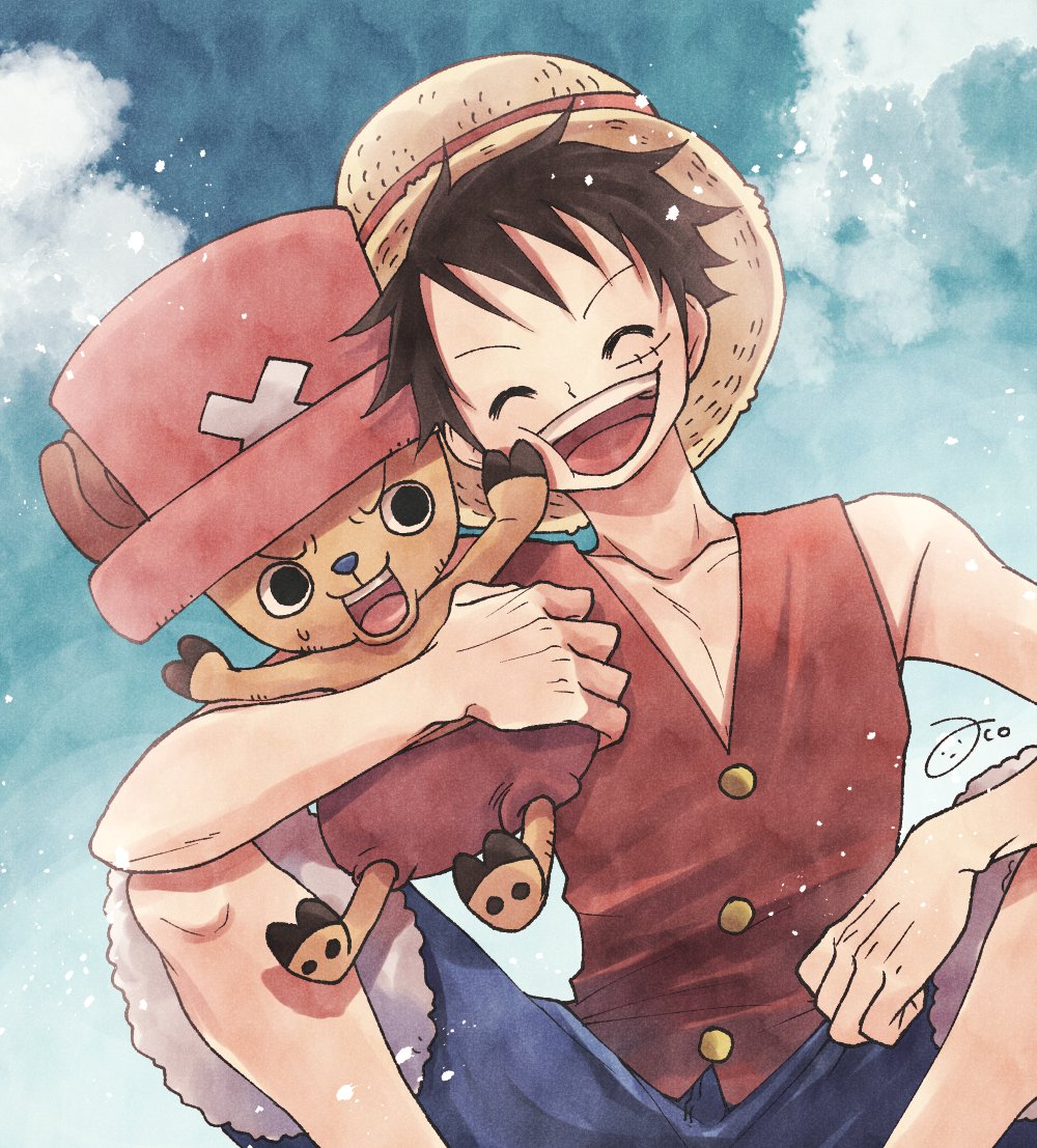 2boys, aco_peda, black_hair, blue_nose, blue_shorts, clouds, commentary_request, cross