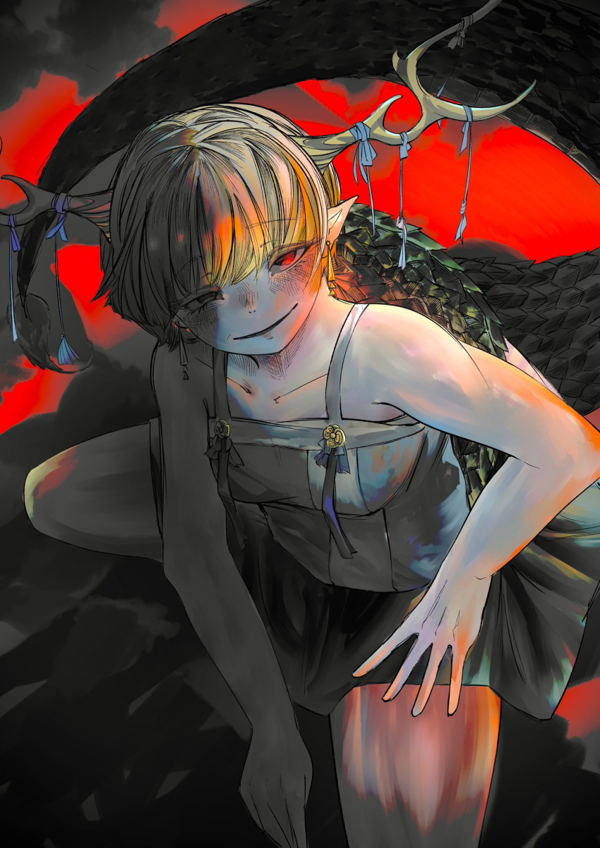 1girl, antlers, bare_arms, bare_shoulders, blonde_hair, blue_ribbon, blue_shirt, blush