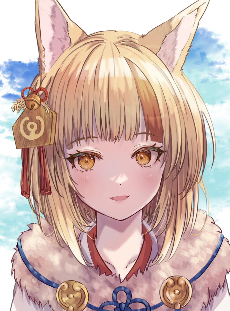 1girl, animal_ears, blonde_hair, commentary_request, fire_emblem, fire_emblem_fates, fire_emblem_heroes, fox_ears, fox_girl, fur_trim, fuussu_(21-kazin), hair_ornament, japanese_clothes, looking_at_viewer, multicolored_hair, official_alternate_costume, open_mouth, redhead, selkie_(fire_emblem), selkie_(new_year)_(fire_emblem), short_hair, smile, solo, streaked_hair, two-tone_hair, upper_body, yellow_eyes