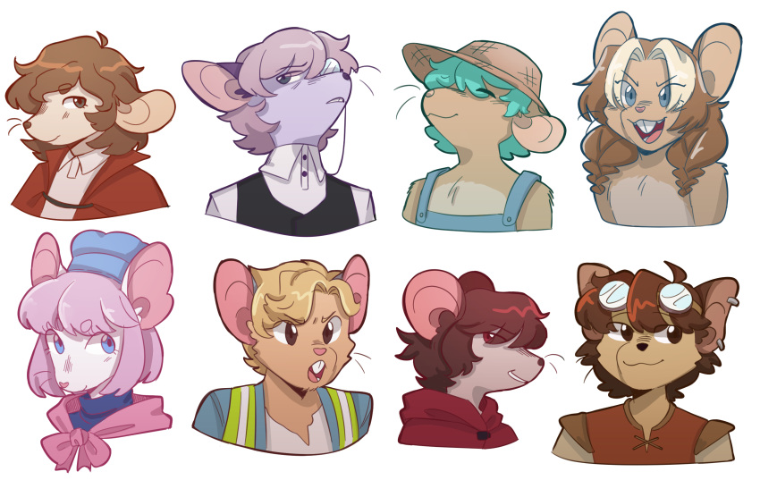 1other, 2girls, 5boys, animal_ears, apokuna, aqua_hair, bekyamon, blonde_hair, blue_eyes, braid, brown_hair, closed_eyes, commentary, english_commentary, everyone, formal, furry, furry_female, furry_male, ggacho, goggles, goggles_on_head, grey_eyes, hat, highres, lavalender, ldshadowlady, long_hair, looking_at_viewer, minecraft_youtube, monocle, mouse_boy, mouse_ears, mouse_girl, multicolored_hair, multiple_boys, multiple_girls, owengejuicetv, pink_hair, rats_smp, red_eyes, short_hair, simple_background, smajor1995, snifferish, solidaritygaming, two-tone_hair, white_background