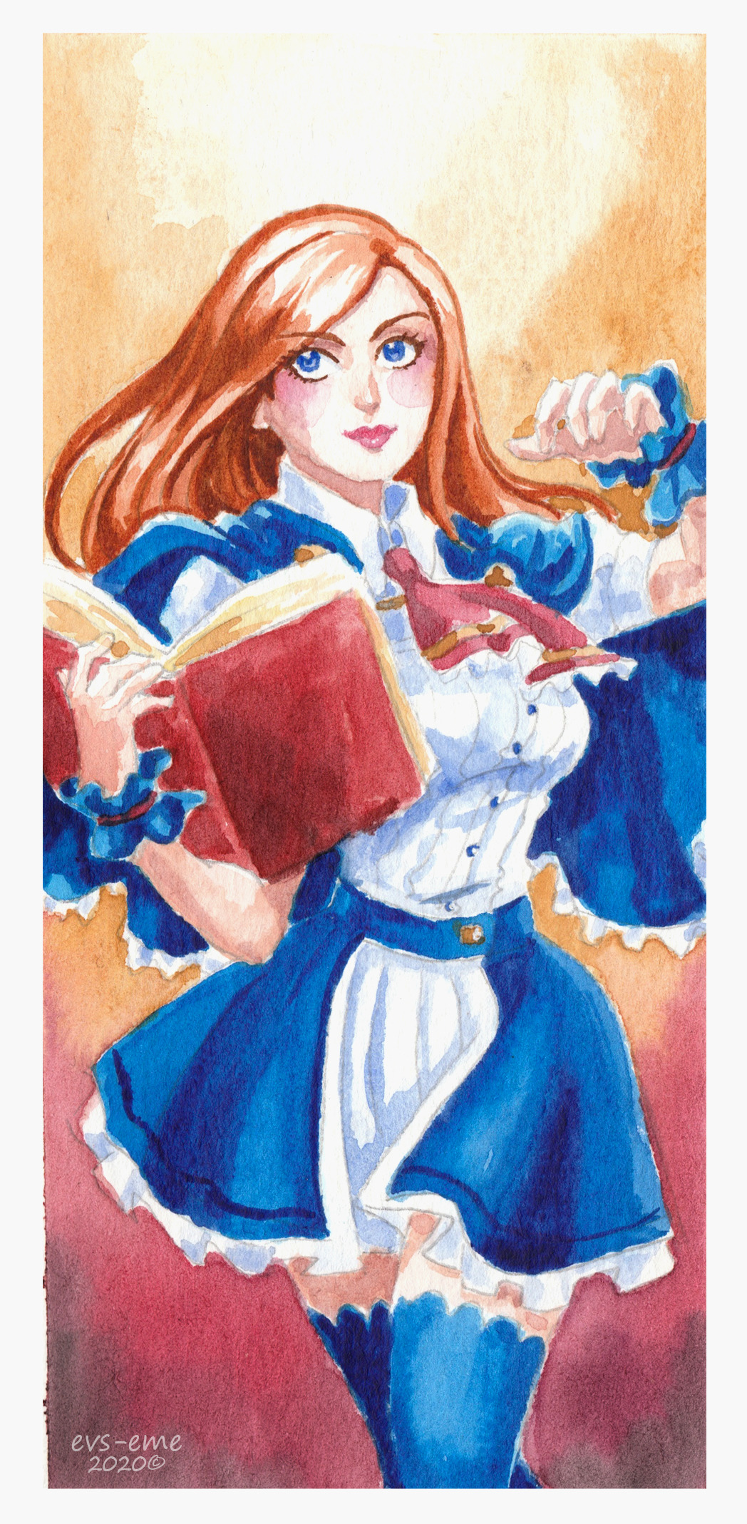 1girl, artist_name, ascot, blue_capelet, blue_eyes, blue_thighhighs, book, brown_hair, capelet, castlevania:_portrait_of_ruin, castlevania_(series), charlotte_aulin, emelina_vasquez_solar, highres, holding, holding_book, long_hair, red_ascot, shirt, skirt, smile, thigh-highs, traditional_media, white_shirt