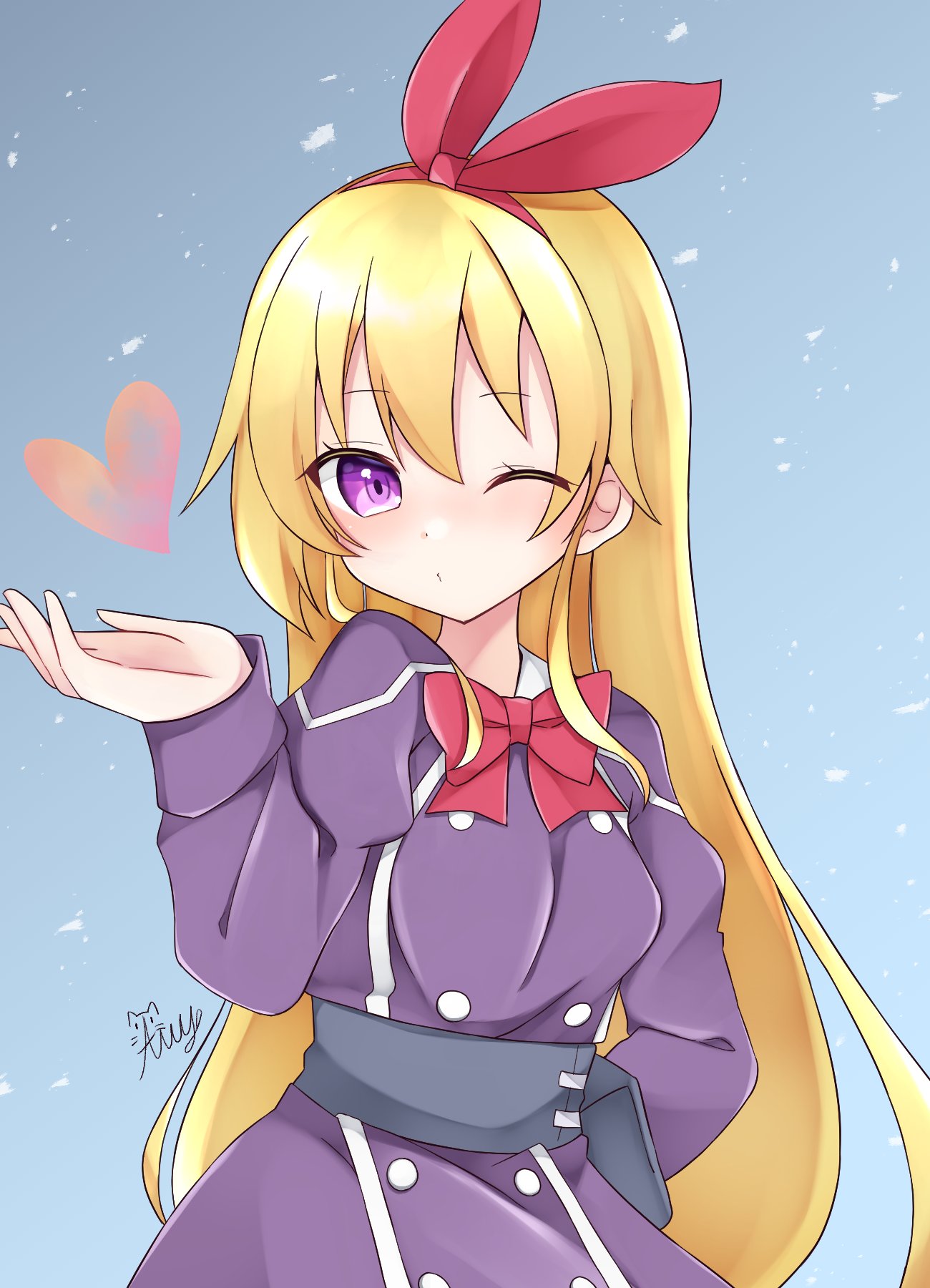 100_percent_orange_juice, 1girl, alicianrone_(orange_juice), belt, black_belt, blonde_hair, blowing_kiss, blue_background, bow, bowtie, buttons, coat, commentary_request, cowboy_shot, double-breasted, hand_on_own_hip, highres, long_hair, looking_at_viewer, one_eye_closed, parted_lips, purple_coat, red_bow, signature, snowing, solo, u_amy1207, violet_eyes